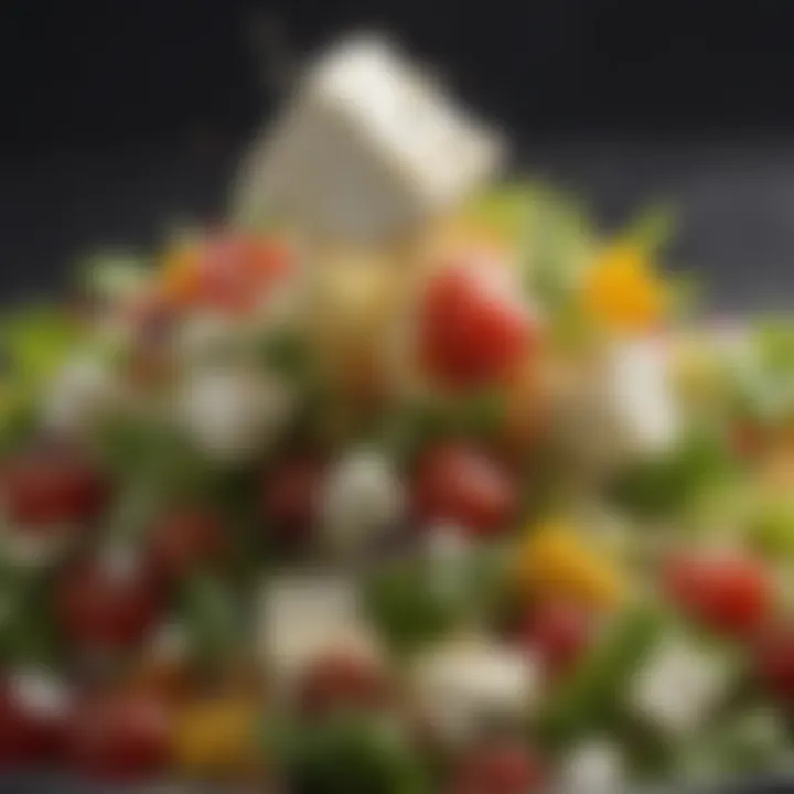 A close-up of feta cheese crumbles atop a colorful salad