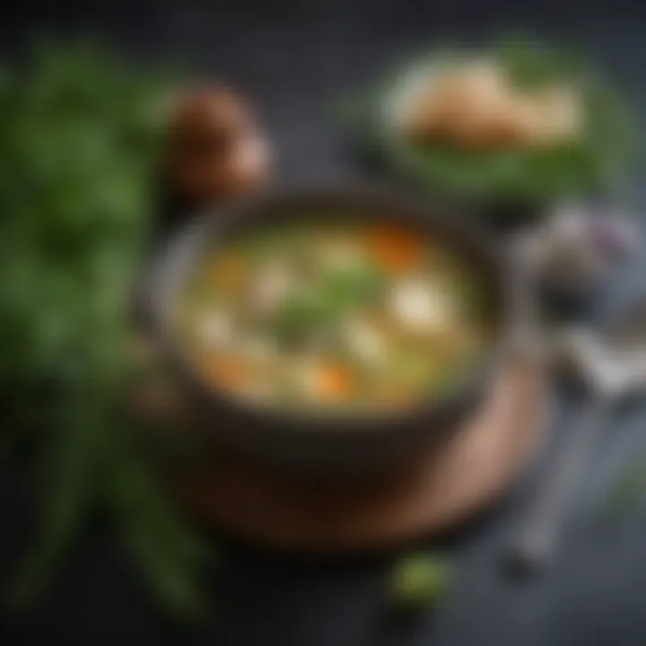 A close-up of a fragrant herb-infused broth with fresh ingredients.