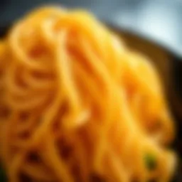 A close-up of fresh udon noodles showing their texture