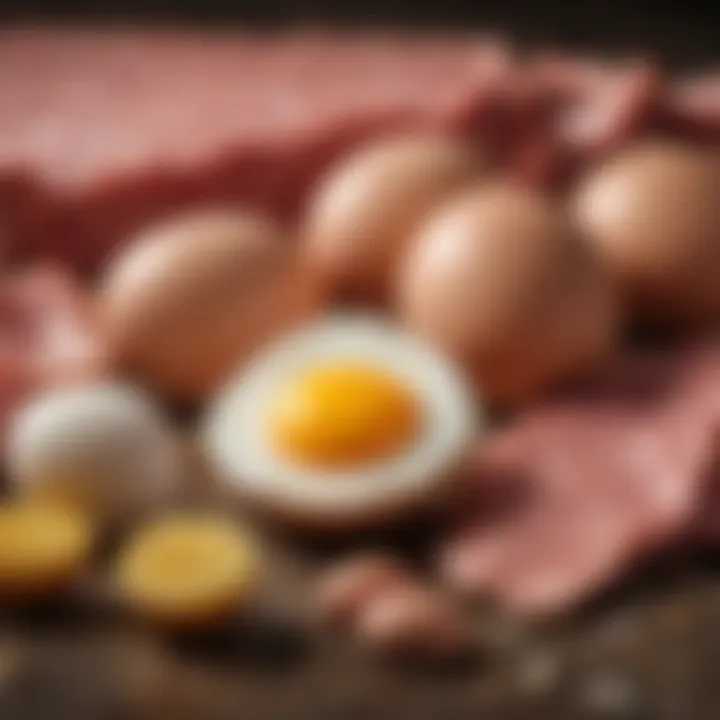 A vibrant display of animal protein sources like meats and eggs.