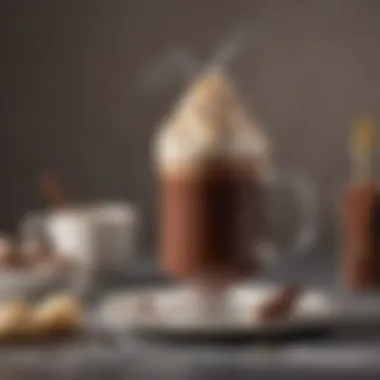 An elegant presentation of hot chocolate on a stick beside a steaming mug