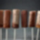 A close-up view of various flavored hot chocolate on a stick arrangements