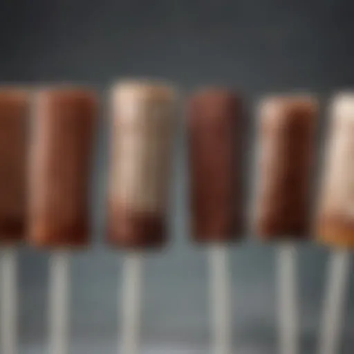 A close-up view of various flavored hot chocolate on a stick arrangements