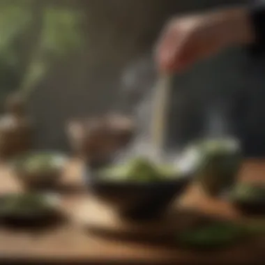 A steaming bowl of matcha tea with traditional utensils