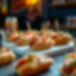 Artistic arrangement of hot dog bites topped with gourmet ingredients