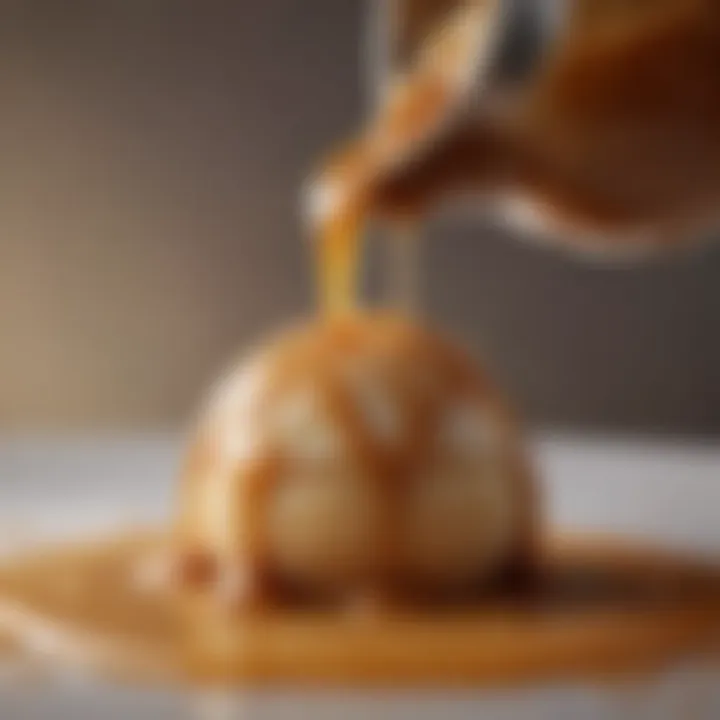 A close-up of artisanal caramel being poured over ice cream