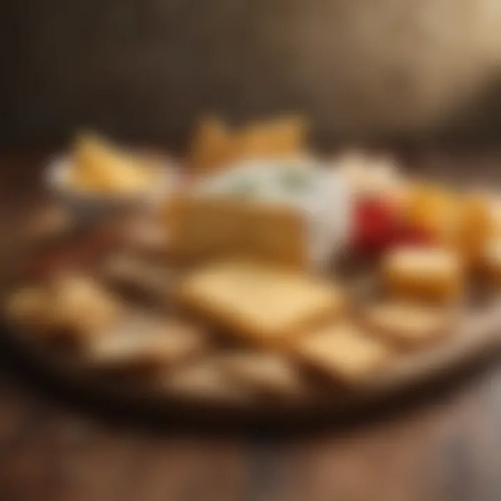 An assortment of gourmet cheese and crackers elegantly displayed on a wooden board.