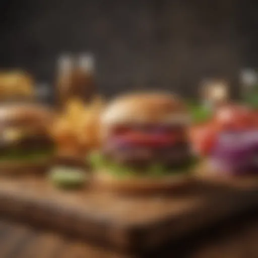 A vibrant display of gourmet burger ingredients arranged artistically on a wooden board