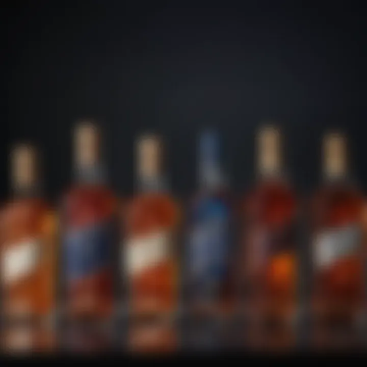 A selection of Johnnie Walker whisky bottles showcasing the variety from Red Label to Blue Label.