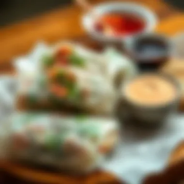 Artfully arranged KBBQ rice paper rolls with fresh herbs and dipping sauce