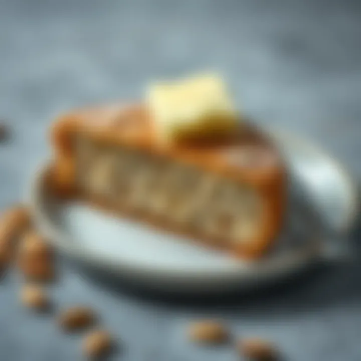 Close-up of a slice of almond flour bread with a butter spread atop.