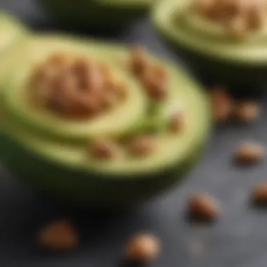 Close-up view of creamy avocado and crunchy nuts with a herb garnish