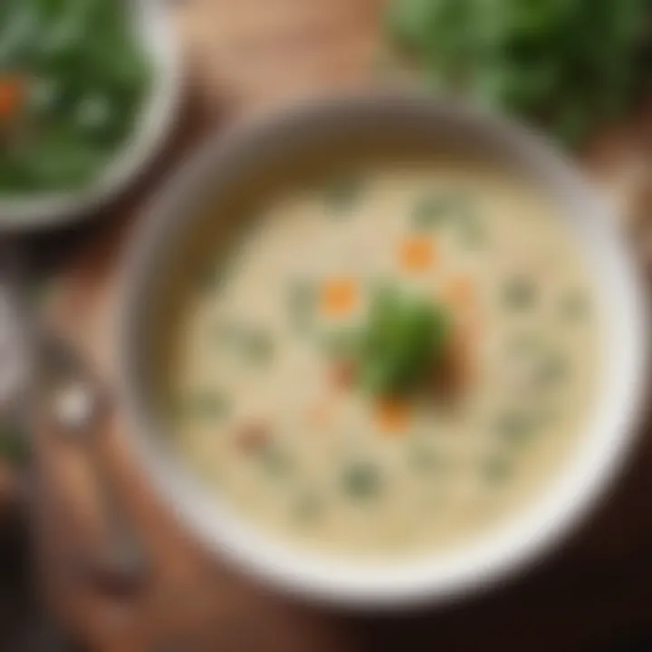 A bowl of creamy keto vegetarian soup garnished with herbs