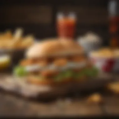 An artistic display of the KFC Fish Sandwich on a rustic wooden table.