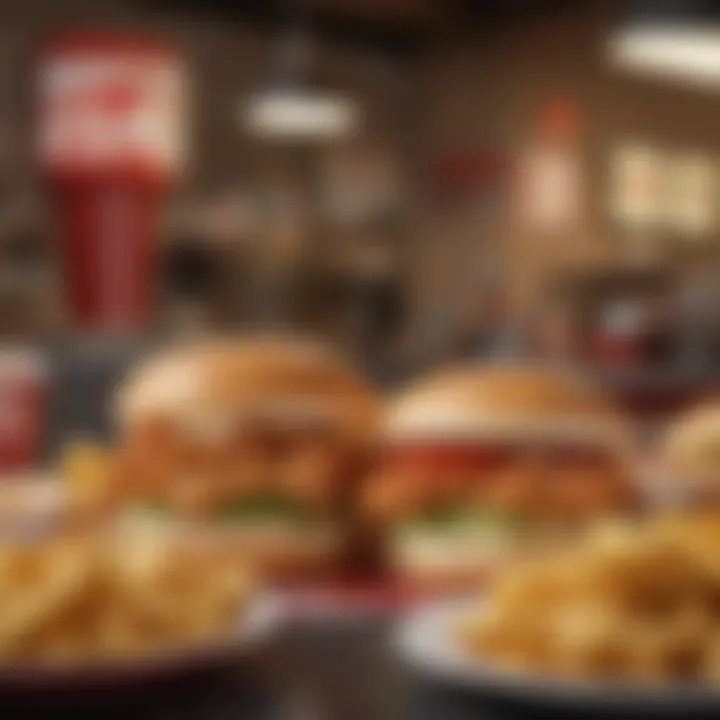 A vibrant dining scene featuring the KFC Fish Sandwich among other fast food items.