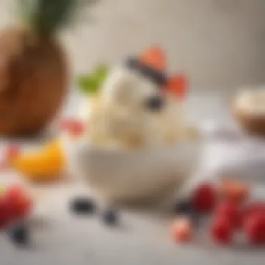 Coconut Ice Cream Bowl with Fresh Toppings A vibrant bowl of creamy coconut ice cream topped with fresh fruits and coconut flakes