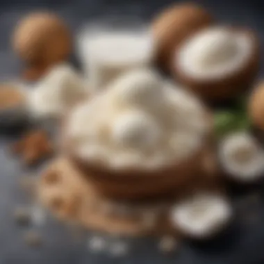 Artistic Display of Coconut Ice Cream Ingredients An array of ingredients including coconut milk, sweeteners, and flavor enhancers laid out artistically