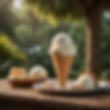 A chic outdoor setting featuring a scoop of coconut ice cream in a cone with a scenic backdrop