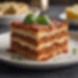 A beautifully layered lasagna in a pristine ceramic dish