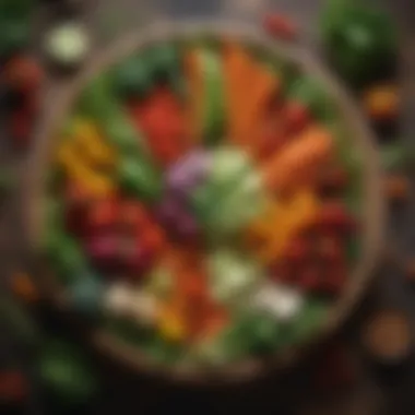 An array of colorful vegetables displayed in a rustic wooden bowl.