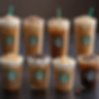 A selection of iced coffee options with various flavor syrups and toppings