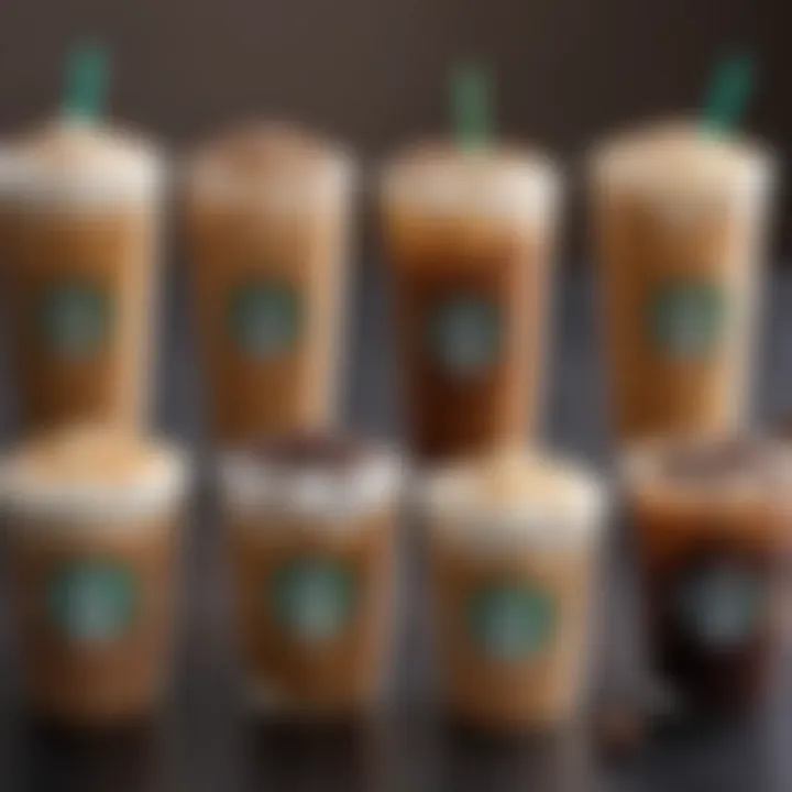 A selection of iced coffee options with various flavor syrups and toppings