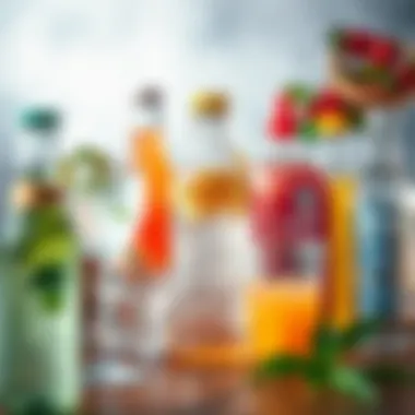 Diverse Low-Calorie Mixers An assortment of low-calorie mixers including sparkling water and natural fruit juices.