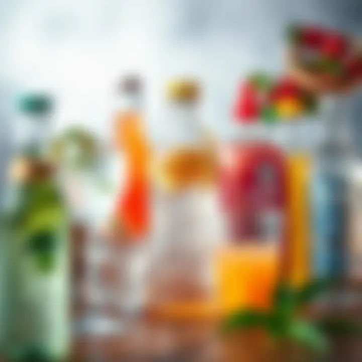 Diverse Low-Calorie Mixers An assortment of low-calorie mixers including sparkling water and natural fruit juices.