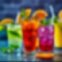 Colorful array of low-calorie mixed drinks garnished with fresh herbs and citrus.