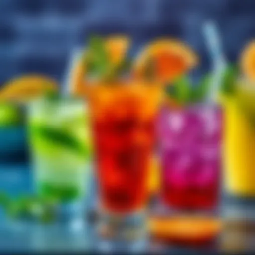 Vibrant Low-Calorie Beverages Colorful array of low-calorie mixed drinks garnished with fresh herbs and citrus.