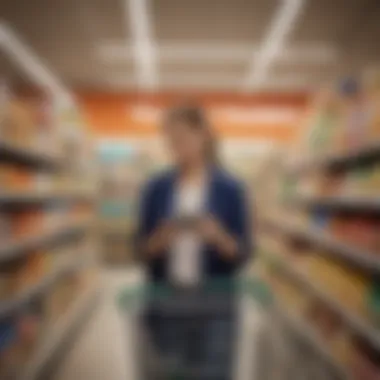 A shopper using a mobile device to browse online grocery deals.