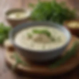 A vibrant bowl of low sodium tartar sauce accompanied by fresh herbs