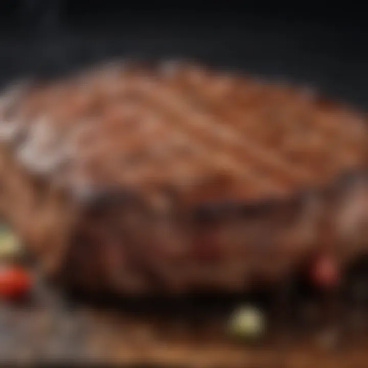 A close-up view of a perfectly grilled steak, emphasizing its juiciness and flavor