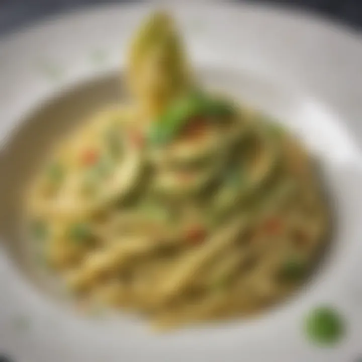 A close-up of creamy avocado pasta garnished with basil