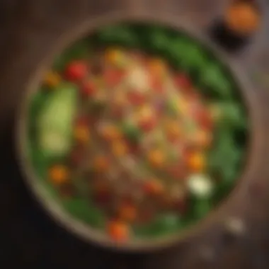 A vibrant bowl of quinoa salad topped with fresh vegetables and herbs