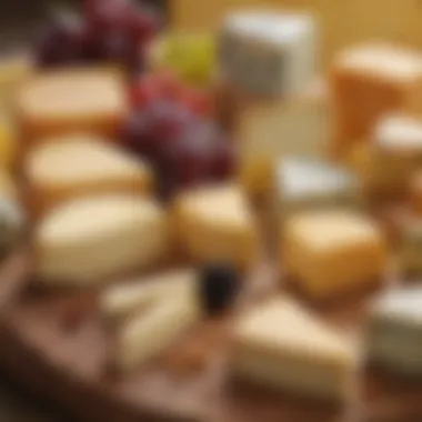 A close-up of gourmet cheeses with diverse textures and colors