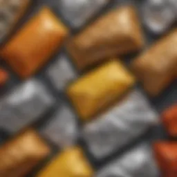 A close-up of various foil food wrappers showcasing different textures and finishes.