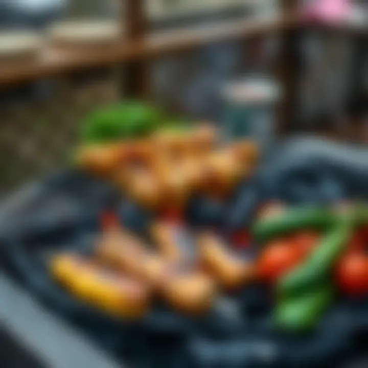 A vibrant grill setup with charcoal and fresh ingredients
