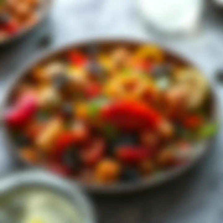 A vibrant platter of fusion cuisine featuring unique spices and colors.