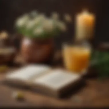Chamomile Serenity A cozy setting with a warm mug of chamomile tea next to a dimly lit candle and an open book.