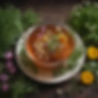Herbal Infusion for Relaxation A calming herbal tea steeping in a delicate cup, surrounded by fresh herbs and flowers.