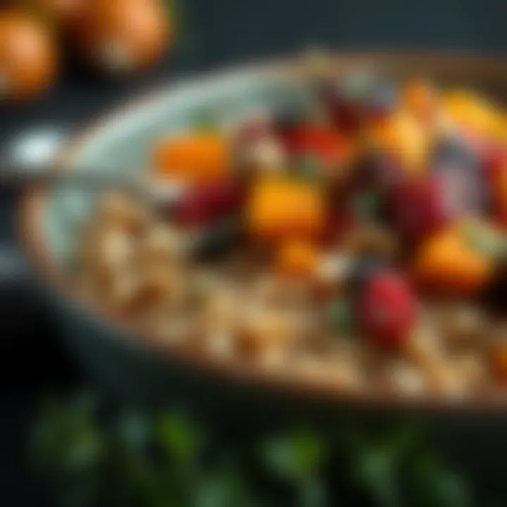 A bowl of whole grains topped with colorful roasted vegetables