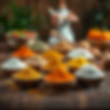 An assortment of colorful organic powders neatly arranged on a wooden table.
