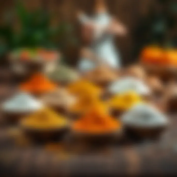 An assortment of colorful organic powders neatly arranged on a wooden table.