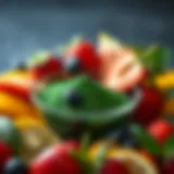 A vibrant bowl of spirulina powder surrounded by fresh fruits.