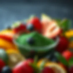 A vibrant bowl of spirulina powder surrounded by fresh fruits.