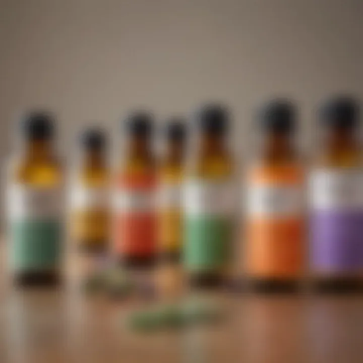 A close-up of essential oil bottles with informational labels on safety and usage