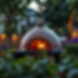 A beautifully crafted ceramic pizza oven in a serene outdoor setting