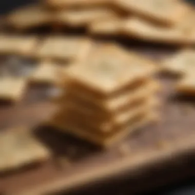 Close-up of golden-brown, crispy Parmesan crackers on a rustic wooden board