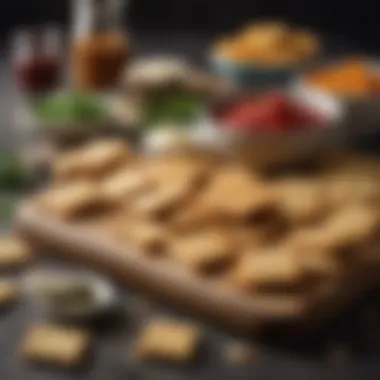 A gourmet spread featuring a variety of Parmesan crackers paired with dips